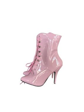 Pleaser Pink Patent Lace-Up Stiletto Ankle Boots
